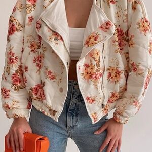 Quilted Floral Bomber Jacket - White and Pink